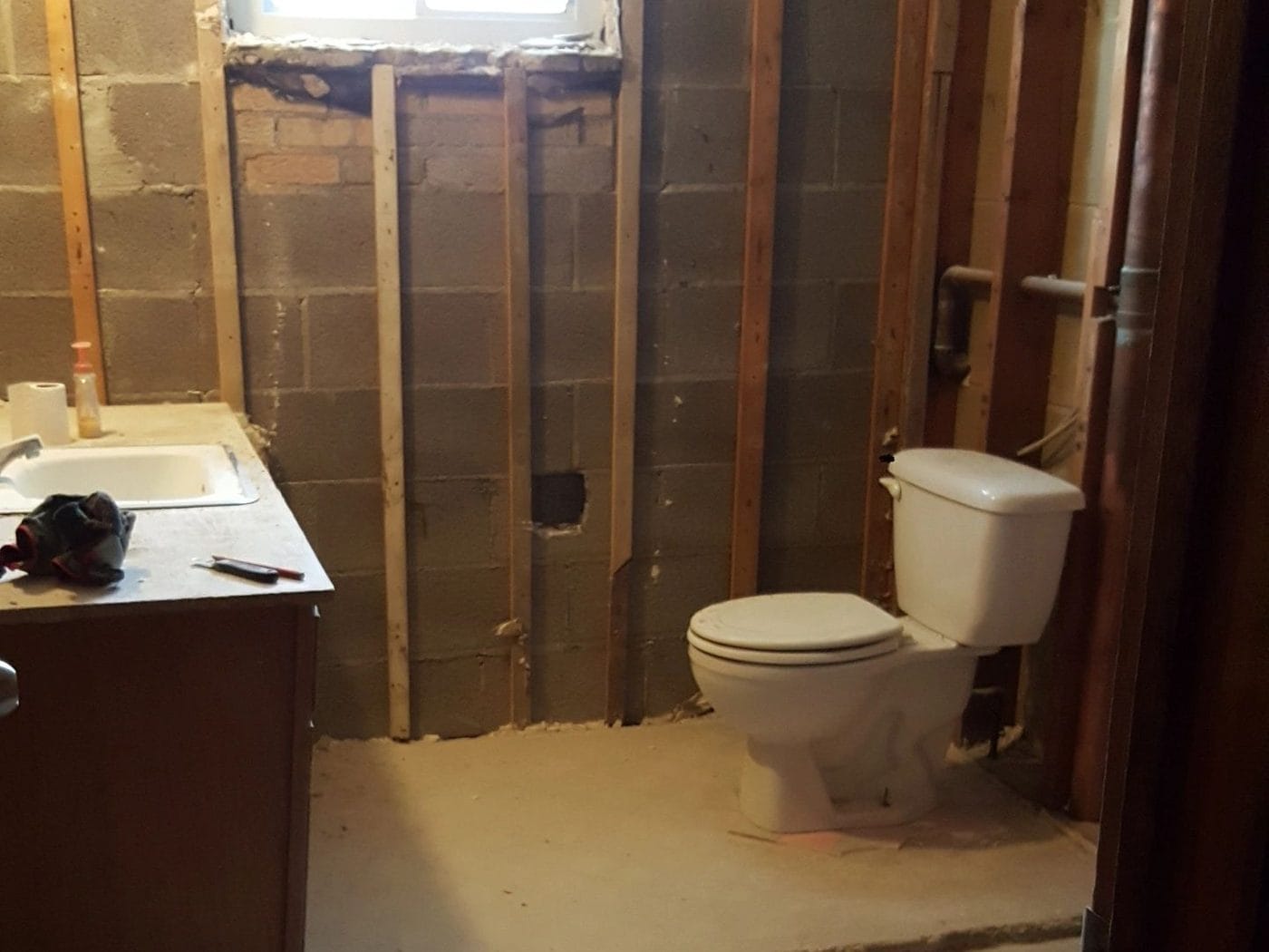 A bathroom taken back to the framing