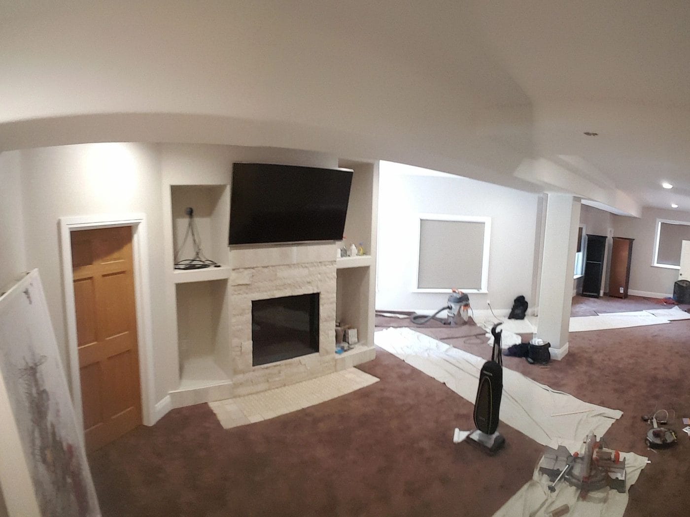 A lower level part way through, surround and built-ins framed