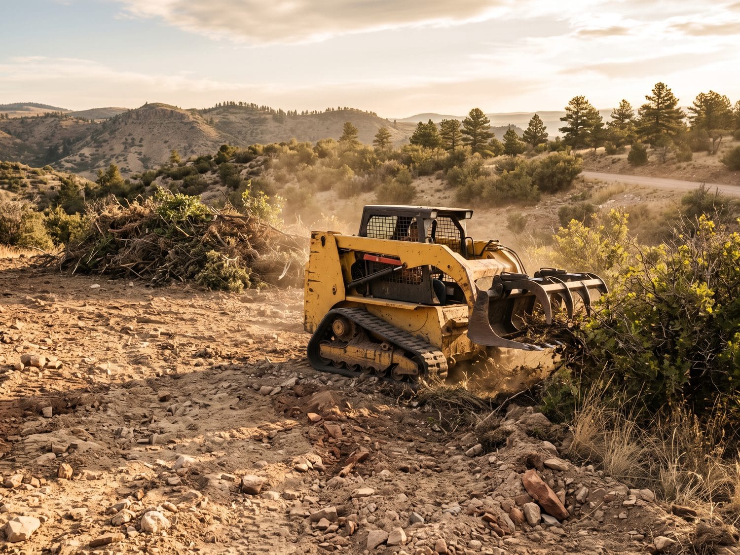 A compact track loader clearing brush and scrub oak from a building lot