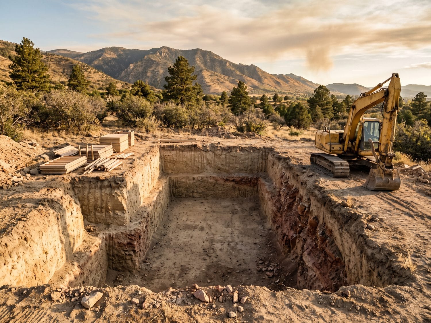 A deep, clean rectangular foundation excavation cut for a new basement